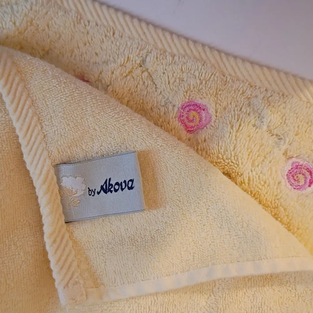 Vintage Turkish Cotton Towels Yellow Pink Embroidered Roses 2 Bath 1 Hand EUC